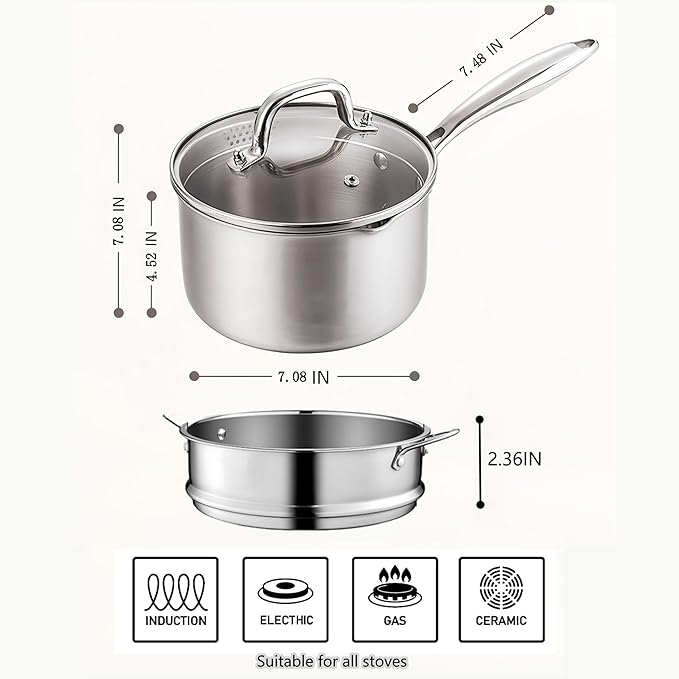 KANGXW 3.0 Quart Stainless Steel Saucepan With steamer,With Pour Spout and Filter Glass Lid Milk Pan, Sauce, Gravy, Pasta Stock Pot For All Stovetops(3.0 Quart With steamer)