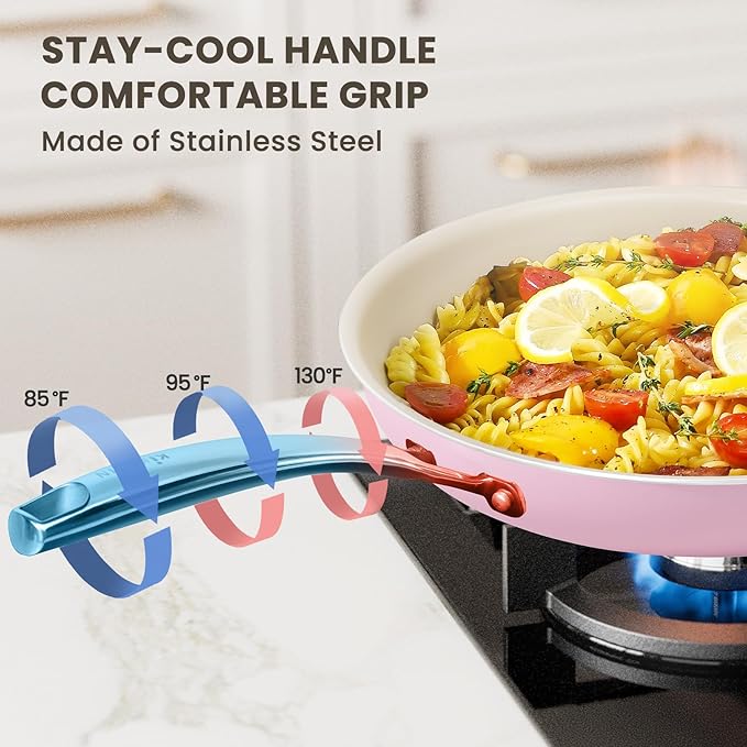 Kikcoin Non Stick Frying Pans Set, 3 Pack Ceramic Frying Pan with Stay Cool Handle, 8+9.5+11 Inch Nonstick Omelet Pan Non Toxic Egg Pans for Cooking, Induction Ready, Oven/Dishwasher Safe (Pink)