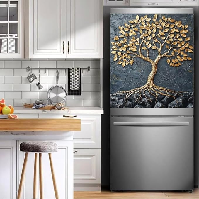 Tree of Life Dishwasher Magnet Cover, Farm Tree Refrigerator Magnetic Vinyl Sticker for Dishwasher Door, Gold and Black Decorative Kitchen Appliance Panel Decal, 23Wx26H Inches