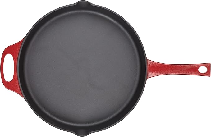 Rachael Ray NITRO Cast Iron Frying Pan/Skillet with Helper Handle and Pour Spouts, 12 Inch, Red