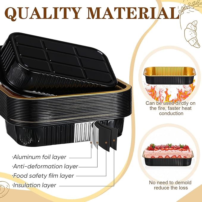 20 Sets 8.7 x 6 Inch Large Loaf Cake Pans with Lids and Spoons Rectangle Aluminum Foil Bread Loaf Baking Pans Disposable big Cake Tins with Clear Plastic Bags and Ribbon, Black Gold, 33.8 oz