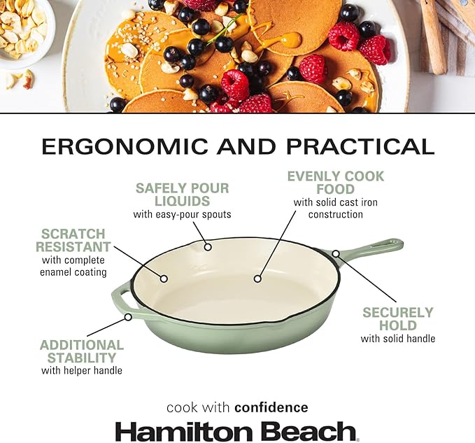 Hamilton Beach Enameled Cast Iron Fry Pan 12-Inch Sage, Cream Enamel Coating, Skillet Pan For Stove top and Oven, Even Heat Distribution, Durable