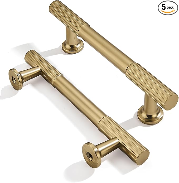 khtumeware 3-3/4 Inch Hole Center 5 Pack Brushed Brass Heavy Duty Solid Warm Brass Cabinet Pulls, Kitchen Drawer Handles, for Dresser cabinets, cabinets