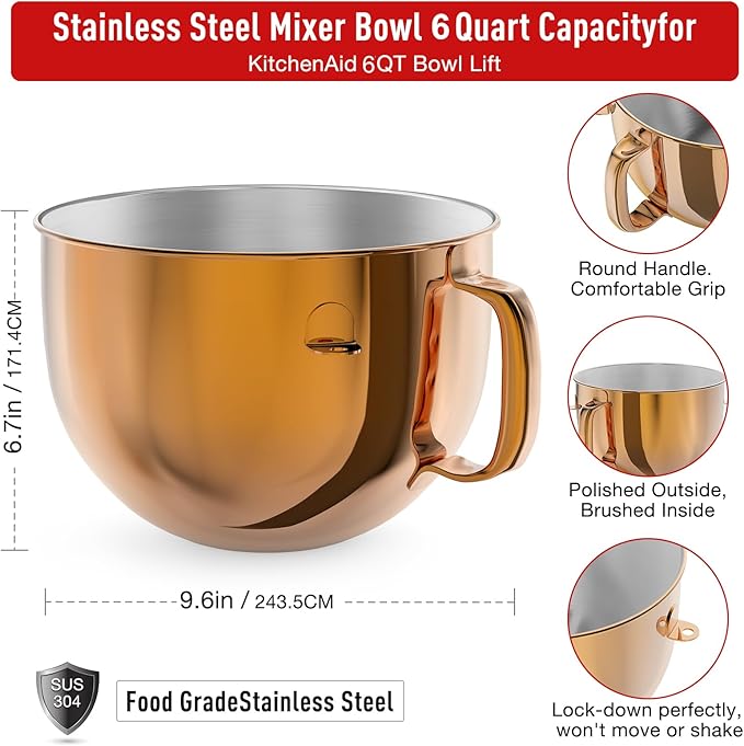 6QT Stainless Steel Mixer Bowl for Kitchenaid Stand Mixers, Kitchen Aid Mixing Bowl for 6QT Lift Mixer with Handle Copper