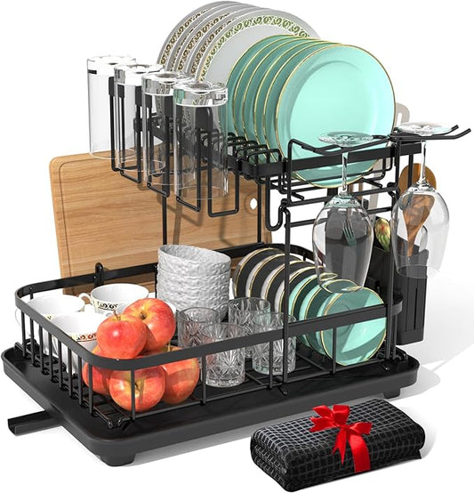 2 Tier Dish Drying Rack with Drainboard, Large Dish Organizer and Strainer Set for Kitchen Counter with Mat, Wine Glass Holder and Utensil Holder