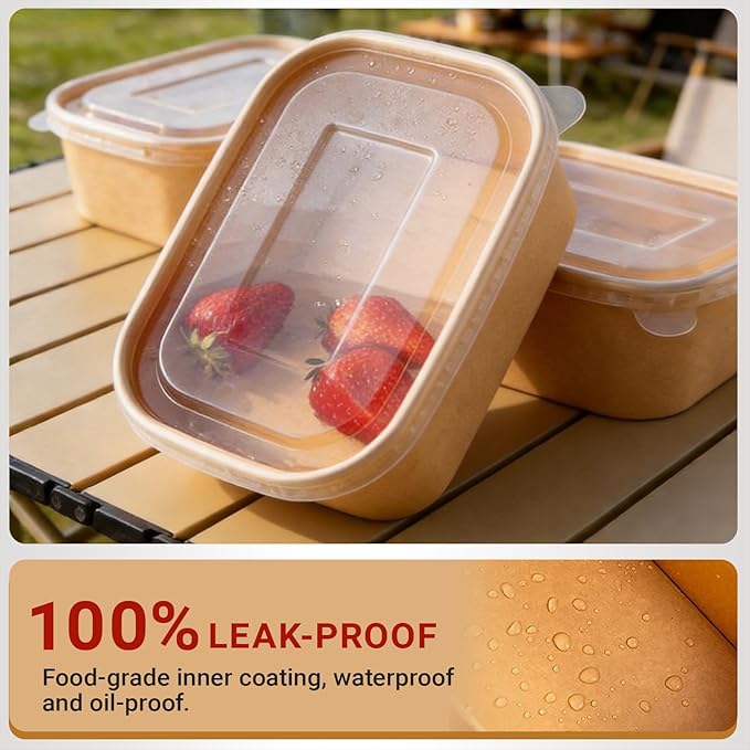 25 oz Disposable Bowls, 200 Sets Large Kraft Square Paper Bowls, Disposable Meal Prep Food Container with Sealing Lid, Microwave Safe Leakproof Serving Bowls, Perfect for Party Lunch Hot Soup
