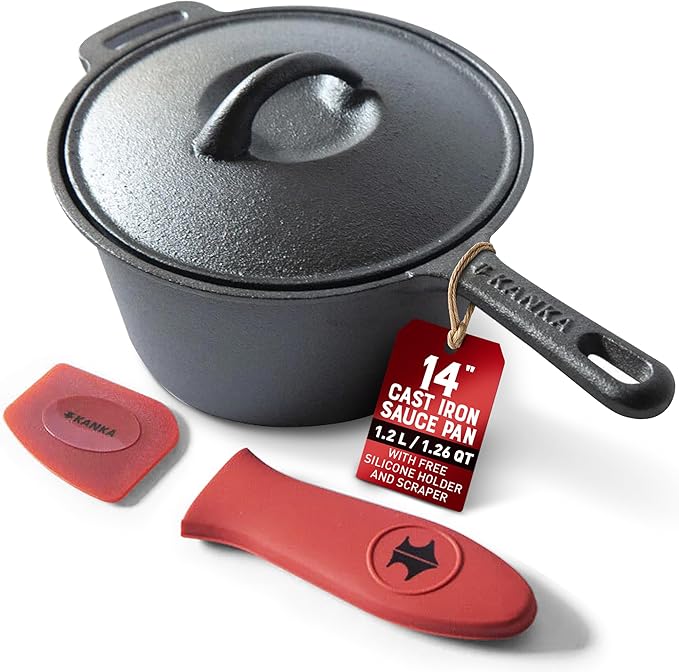 Kanka Grill 14" Cast Iron Sauce Pan with Lid – Pre-Seasoned Deep Cooking Pot for Indoor & Outdoor Grill, Stir Fry, Broth, Frying Nonstick Gourmet Cookware with Silicone Handle & Scraper – Black