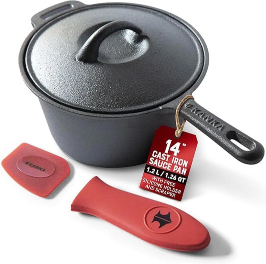 Kanka Grill 14" Cast Iron Sauce Pan with Lid – Pre-Seasoned Deep Cooking Pot for Indoor & Outdoor Grill, Stir Fry, Broth, Frying Nonstick Gourmet Cookware with Silicone Handle & Scraper – Black