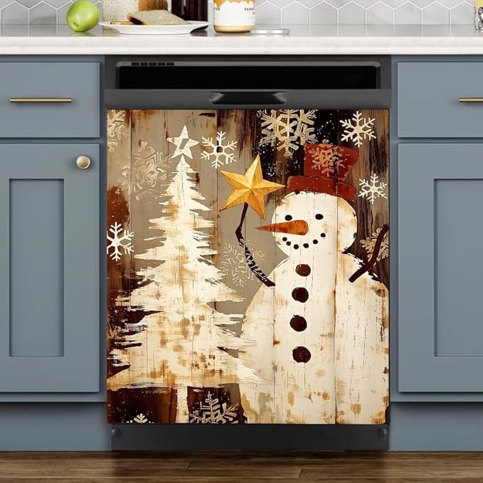 Christmas Snowman Dishwasher Magnet Cover, Rustic Winter Holiday Theme Refrigerator Magnetic Vinyl Sticker for Dishwasher Door, Decorative Kitchen Appliance Panel Decal, 23Wx26H Inches