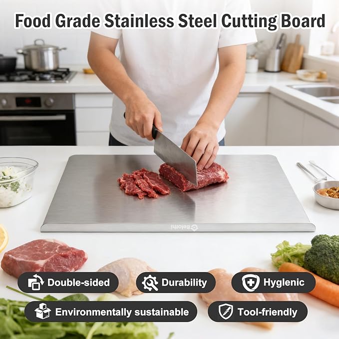 Stainless Steel Cutting Board for Kitchen with Lip, Large Metal Chopping Board with Counter Edge, Dishwasher Safe Non-Slip Pastry Board for Meat Vegetables & Baking(18x14)