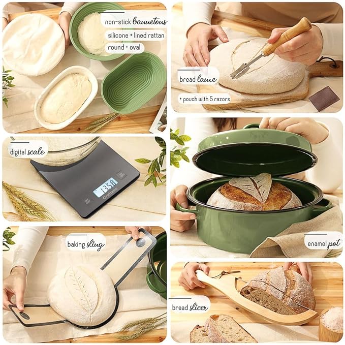 All-Inclusive 𝗣𝗥𝗘𝗠𝗜𝗨𝗠 Sourdough Starter Kit with Pot, 34 Oz Starter Jar, 4 Banneton Bread Proofing Baskets, Scraper, Scale, Sourdough Bread Baking Supplies, Beginner Guide & Recipes