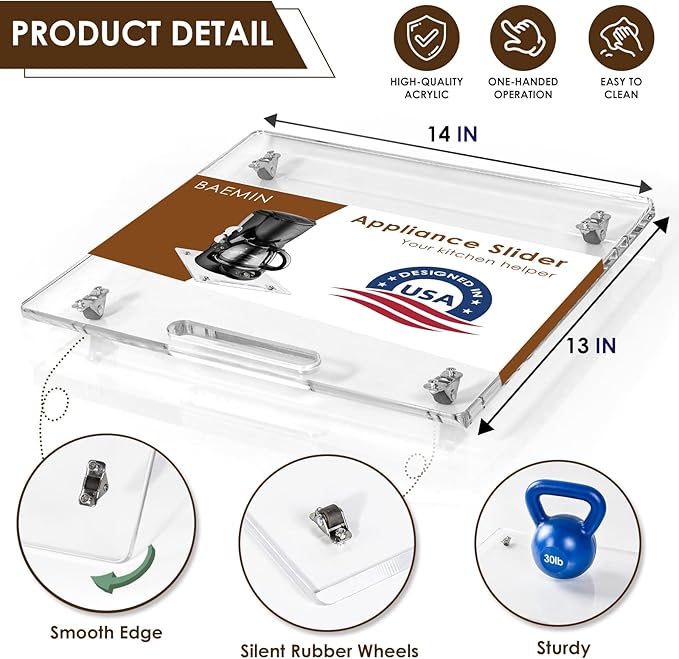 Acrylic Appliance Slider with Rubber Wheels, Sliding Tray for Heavy Kitchen Appliances, Coffee Maker Slider Tray for Counter, Countertop Moving Tray Accessories for Kitchen - 13" x 14" (Clear)