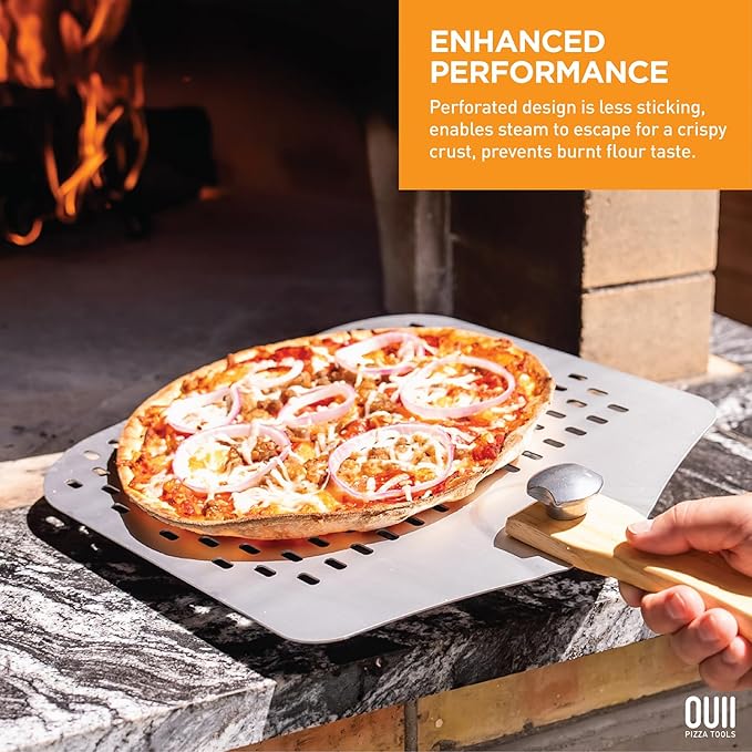 Perforated Pizza Peel - 16 x 14-inch Aluminum Spatula Paddle for Extra Large Pizzas. Foldable Wood Handle for Easy Storage, Pizza Oven Accessories. Premium Tool for Baking Homemade Pizza Pies.