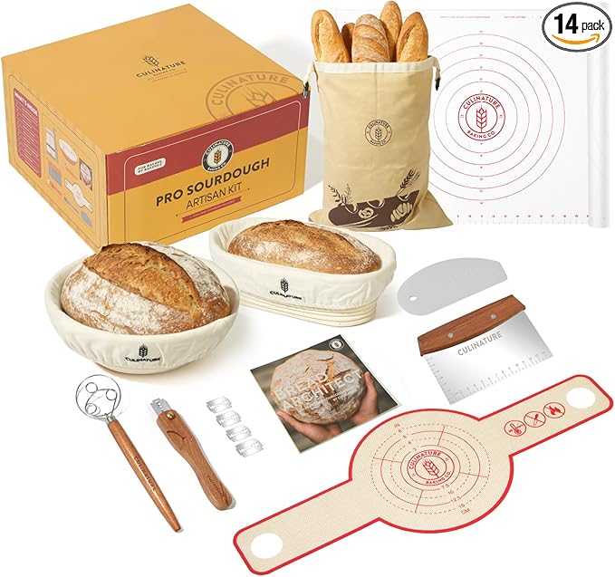 Complete Sourdough Artisan System - Sourdough Starter Kit with 10" Round & Oval Banneton Bread Proofing Baskets, XL Silicone Baking Mat, Beeswax Bread Bag & Professional Sapele Tools