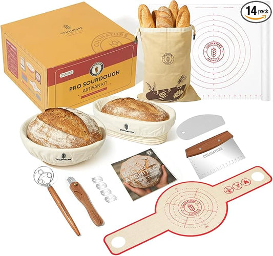 Complete Sourdough Artisan System - Sourdough Starter Kit with 10" Round & Oval Banneton Bread Proofing Baskets, XL Silicone Baking Mat, Beeswax Bread Bag & Professional Sapele Tools