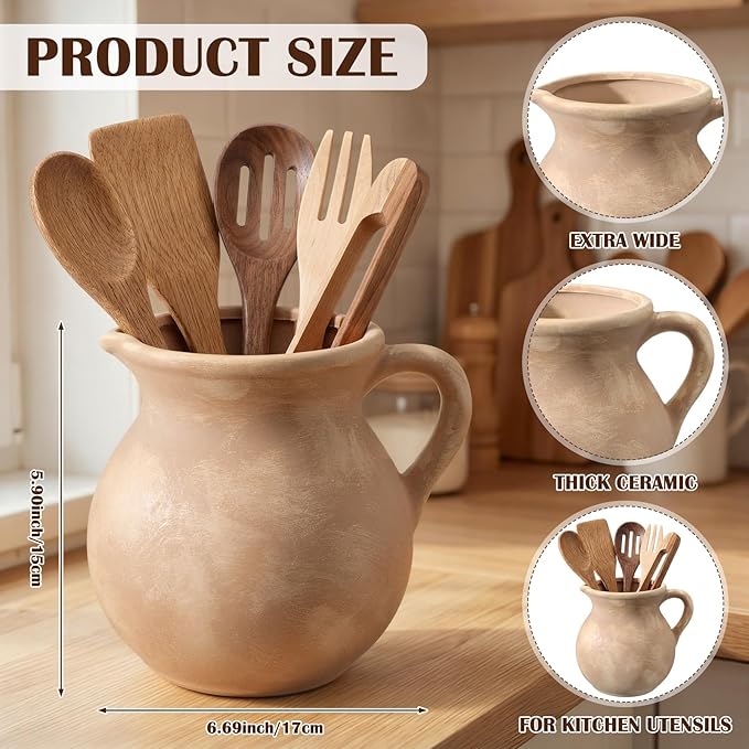Rustic Kitchen Utensil Holder with Handle,7 Inch Ceramic Vintage Utensil Crock for Countertop, Farmhouse Kitchen Decoration Ceramic Pot for Spatulas Spoons Tongs (Classic,Antique Beige)