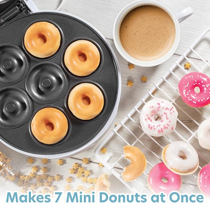 Mini Donut Maker- Electric NonStick Surface Makes 7 Small Doughnuts- Decorate Frost Ice Your Own for Kid Friendly Baked Dessert Treat- Cooking Activity for Adults, Easy Bake Gift, Galentine Brunch Fun
