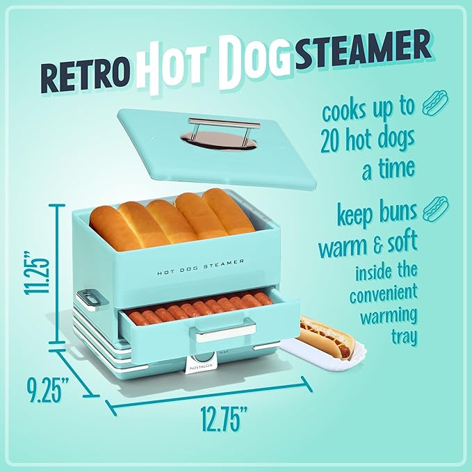 Nostalgia Extra Large Diner-Style Steamer, 20 Hot Dogs and 6 Bun Capacity, Perfect for Breakfast Sausages, Brats, Vegetables, Fish, Aqua