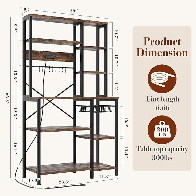 Kitchen Bakers Rack with Storage, 6-Tier Coffee Bar Station with Power Outlet, Microwave Stand with 12 S-Shaped Hooks, Open Kitchen Storage Shelves for Spices, Pots and Pans, Rustic Brown