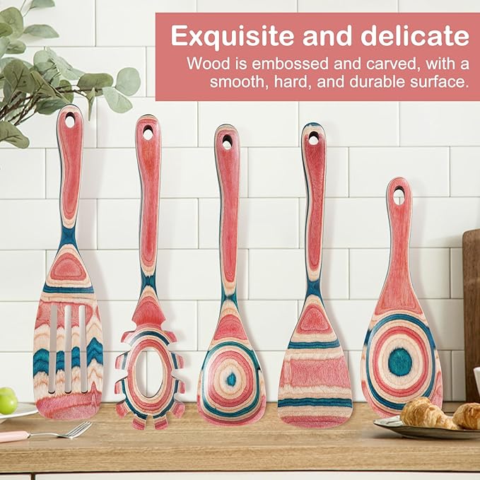 Wooden Spoons for Cooking – 7 Piece Pakkawood Kitchen Utensils Set with Spatulas, Spoons, Ladles, and Turner for Mixing, Serving & Cooking