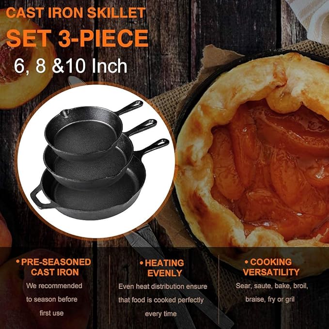 Suteck Cast Iron Skillets 3 piece set | 6", 8" & 10" Pre-Seasoned Cast Iron Pans with 3 Silicone Heat-Resistant Holders - Indoor and Outdoor Use - Oven Grill Stovetop Induction Safe Cookware
