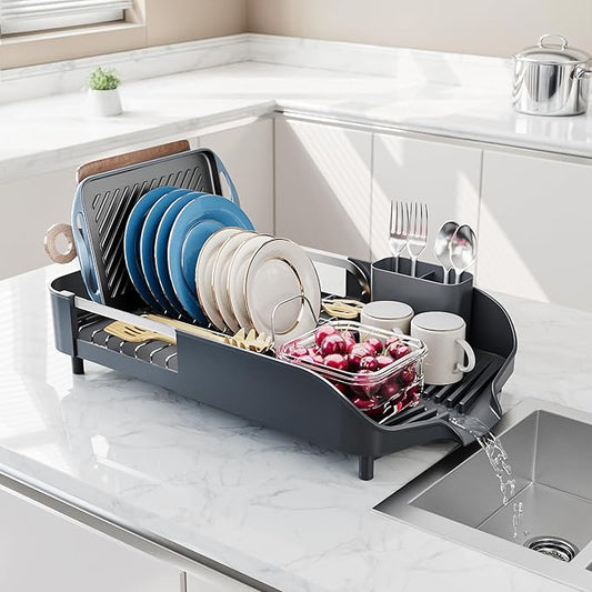 SUNLY Dish Drying Rack, Expandable Dish Racks for Kitchen Counter, Space Saving Kitchen Drying Rack with Sleek & Modern Design, Rust Proof Stainless Steel Dish Drainers with Utensil Holder, Deep Gray