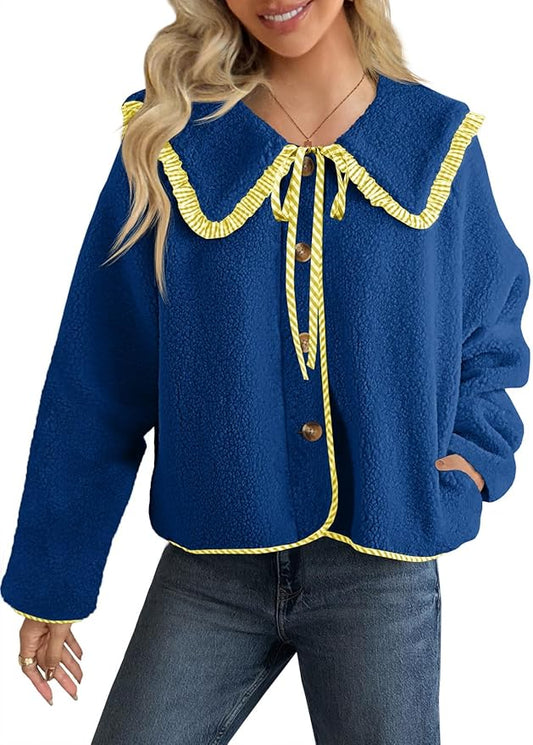 Tankaneo Womens Fuzzy Fleece Jacket Peter Pan Collar Button Down Fall Winter Sherpa Coats Colorblock Cute Warm Outerwear