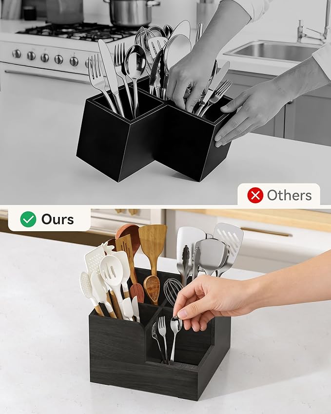 Yofidra Kitchen Utensil Holder with Stone Drying Mats, 4 Compartments Corner Utensil Holder for Kitchen Countertop, Extra Large Silverware Organizer (Black)