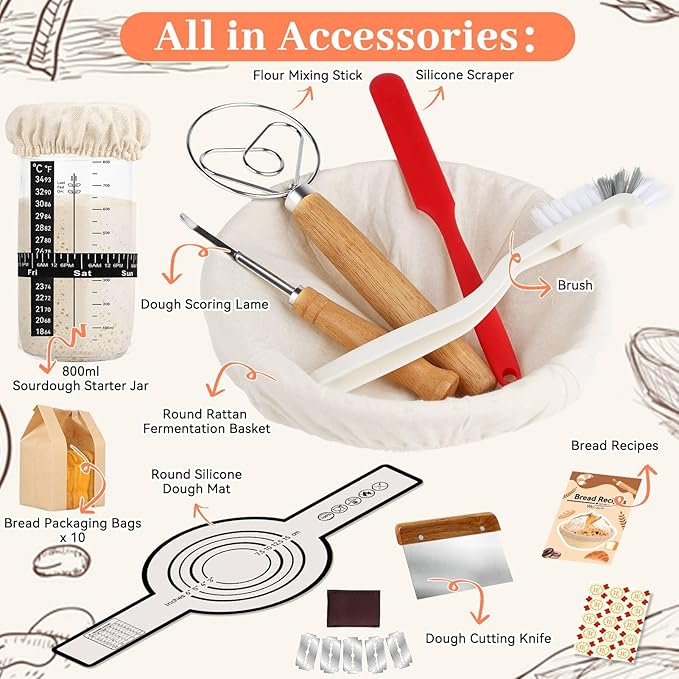 Sourdough Starter Kit,19PCS Banneton Bread Proofing Basket with Glass Sourdough Starter Jar, Sourdough Bread Baking Supplies, 9'' Round Bread Proofing Basket, for Bread Making Baking Fermentation