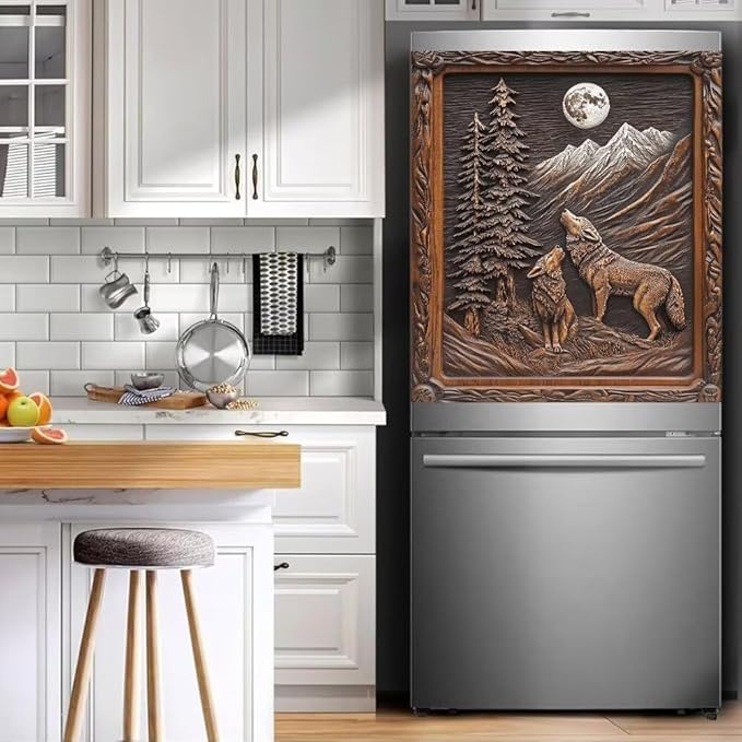 Dishwasher Magnet Cover, Wolf Howling at Moon Mountain Scene Refrigerator Magnetic Vinyl Sticker for Dishwasher Door, Decorative Kitchen Appliance Panel Decal, 23Wx26H Inches