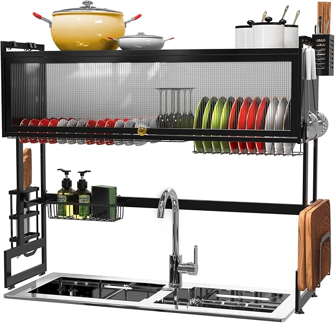 Over The Sink Dish Drainer Drying Rack, 37.4 inch, Kitchen Supplies for Kitchen Counter Multiple Dishes Flatware & Utensil Holder, Black