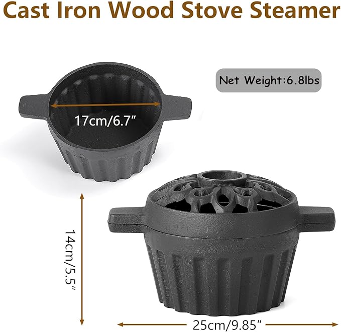 Cast Iron Steamer for Wood Stove Humidifier Woodstove Pot with Hollow Carved Lid, Matte Black Finish, 1.32 Quart Capacity, Indoor Decorative
