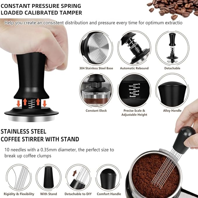 54mm Espresso Accessories 10 PCS - WDT Tool Kit， Coffee Tamper with Wood Espresso Tamping Station， Frothing Pitcher, Distributor, Stirrer, Dosing Funnel, Brush, Puck Screen， Latte Art Pen