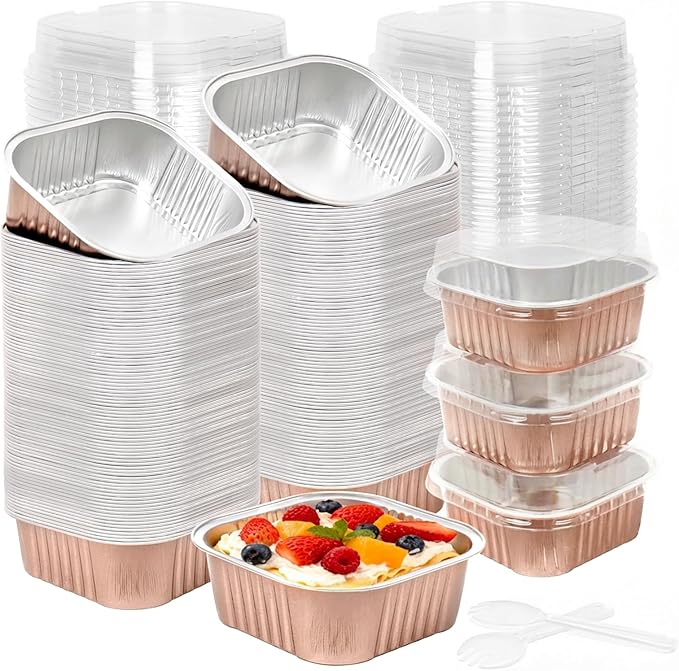 200 Pack 10 oz Square Mini Cake Pans with Lids, Disposable Aluminum Foil Baking Cups, Mini Ramekins for Brownies, Cupcakes, Cheesecake, Individual Desserts, Christmas Parties & Catering