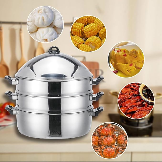 LetFeng Steamer Pot for Cooking 19 inch Steam Pots with Lid 3-Tier Multipurpose Stainless Steel Steaming Pot Cookware with Handle for Vegetable, Dumpling, Stock, Sauce, Food