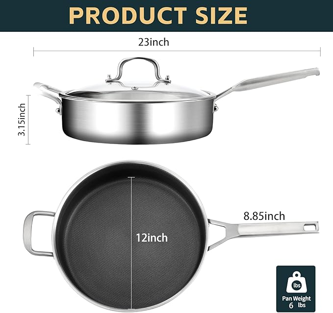 Stainless Steel 6 Quarts Saute Pan with lids, Nonsitck 12.5 inch Jumbo Cooker, 3 Layer Deep Frying pan with Stay Cool Handle, Dishwasher and Metal Utensil Safe
