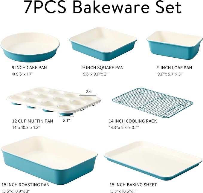 CAROTE 7-Piece Nonstick Ceramic Baking Pans Set - Bakeware Sets Including Cookie Sheets for Baking, Muffin Pan, Bread Pan, Cake pan, Loaf Pan, Roasting Pan, and Cooling Rack, LIght Blue & White
