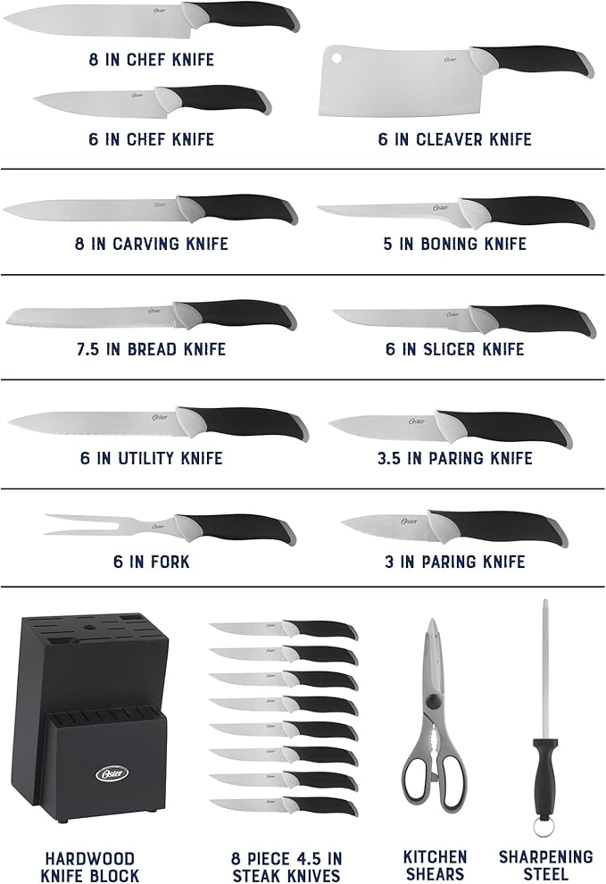 Oster Lindbergh 22 Piece High Carbon Stainless Steel Cutlery Kitchen Knife Block Set w/Black Knife Block - Black Handle - Cuchillos Para Cocina