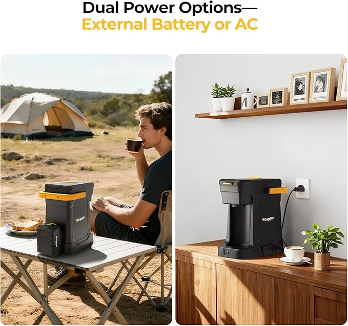 BougeRV Coffee Machine with 18V 8Ah Battery Powered Compatible with K Cup Coffee Pods & Ground, Cordless Coffee Maker for Travel Camping Outdoor Worker Home