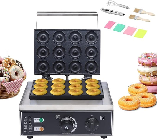 12 Grid Electric Donut Maker, 1550W 122-572℉ Commercial Doughnut Machine Double-Sided Donut Heating Machine Multi-Functional Doughnut Making Tool with Knobs for Parties Cafes Tea Stores