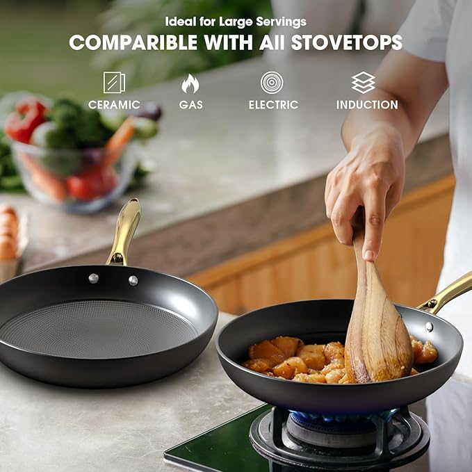 imarku Non Stick Frying Pans, 10 & 12 Inch Cast Iron Skillets with Honeycomb Surface, Oven Safe & Induction Compatible, Ergonomic Stay-Cool Handle, Gold