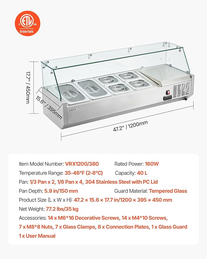 VEVOR Refrigerated Condiment Prep Station, 130 W Countertop Refrigerated Condiment Station, with Two 1/3 Pans & Four 1/6 Pans, 304 Stainless Body and PC Lid, Sandwich Prep Table with Glass Guard