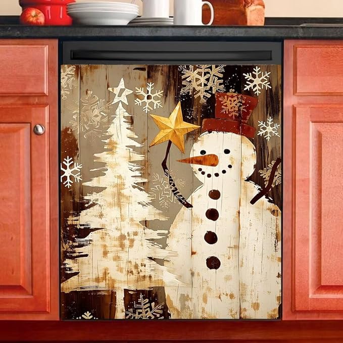 Christmas Snowman Dishwasher Magnet Cover, Rustic Winter Holiday Theme Refrigerator Magnetic Vinyl Sticker for Dishwasher Door, Decorative Kitchen Appliance Panel Decal, 23Wx26H Inches