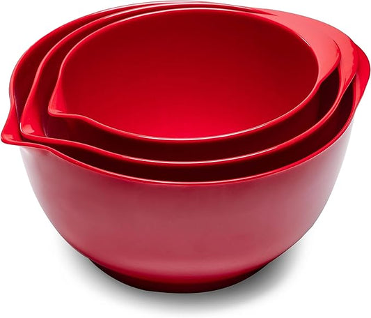Mixing Bowls Set, 3 Piece Melamine Nesting Bowls with Pour Spout, Non-Slip Base, Great for Prepping, Baking, Mixing Cooking, BPA free and Dishwasher Safe, Red
