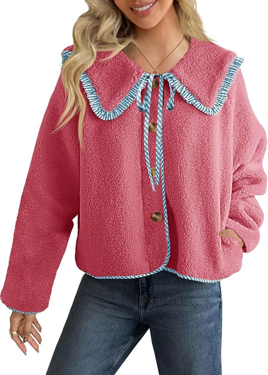Tankaneo Womens Fuzzy Fleece Jacket Peter Pan Collar Button Down Fall Winter Sherpa Coats Colorblock Cute Warm Outerwear