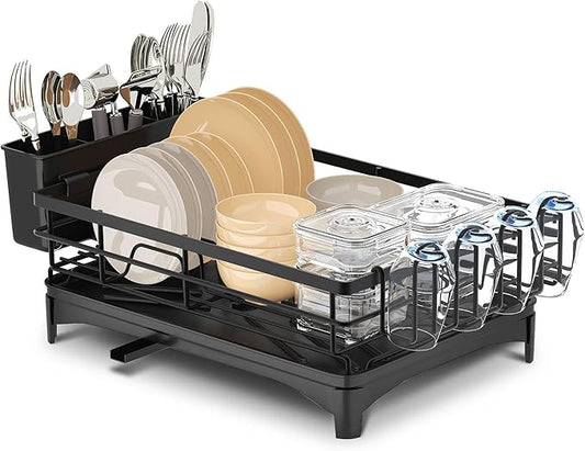 Pukomc Dish Drying Rack, Stainless Steel Iron Dish drainers for Kitchen Counter with Cutlery & Cup Holders,Over The Sink Dish Drying Rack,Large,Black