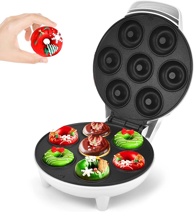 DSP Mini Donut Maker - Non-Stick, Cool Touch Electric Doughnut Machine for Mini Donuts - Perfect for Breakfast, Snacks & Desserts (White, 7 Donuts)
