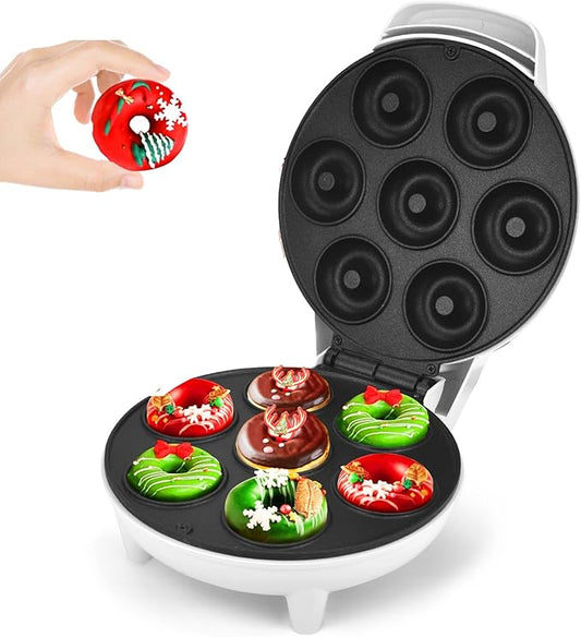 DSP Mini Donut Maker - Non-Stick, Cool Touch Electric Doughnut Machine for Mini Donuts - Perfect for Breakfast, Snacks & Desserts (White, 7 Donuts)