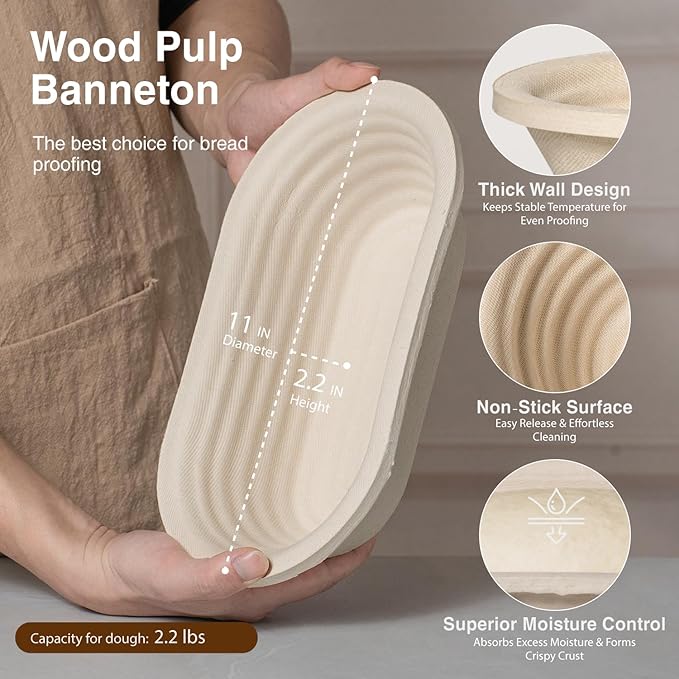 Sourdough Starter Kit, 11" Oval Wood Pulp Banneton Bread Proofing Baskets Set, Sourdough Bread Baking Supplies Making Tools with Dough Scraper, Whisk, Bread Lame, Recipe