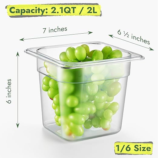 CURTA 6-Pack 1/6 Size 6" Deep NSF Polycarbonate Food Pans with Handled Lids & Drain Trays | Dishwasher & Freezer Safe Clear Container for Prep Tables, Buffet, Salad Bar, Commercial & Home Kitchen